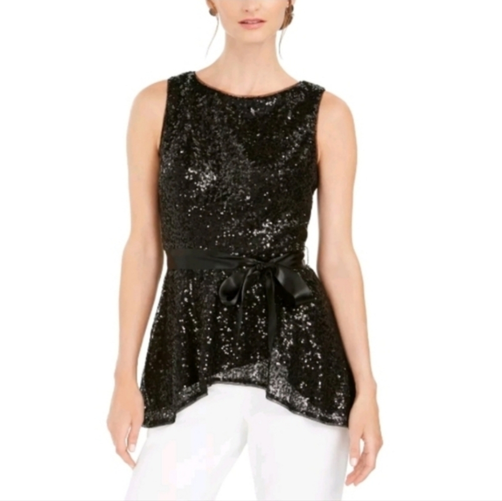 Adrianna Papell Black Sequin Peplum Top Celeb Style Designer Luxury Mobwife